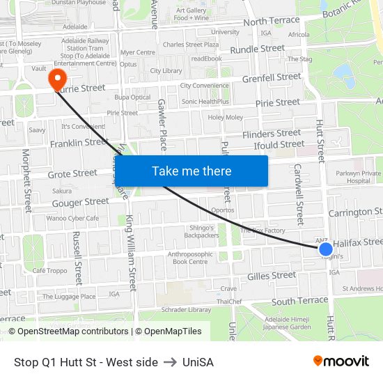 Stop Q1 Hutt St - West side to UniSA map