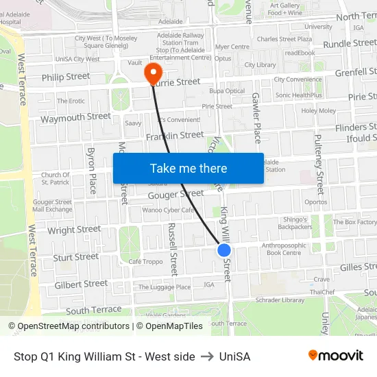 Stop Q1 King William St - West side to UniSA map