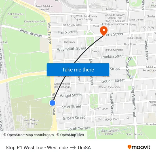 Stop R1 West Tce - West side to UniSA map