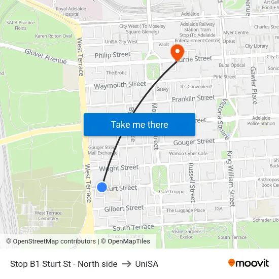 Stop B1 Sturt St - North side to UniSA map