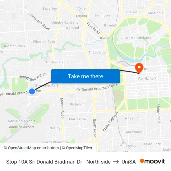 Stop 10A Sir Donald Bradman Dr - North side to UniSA map