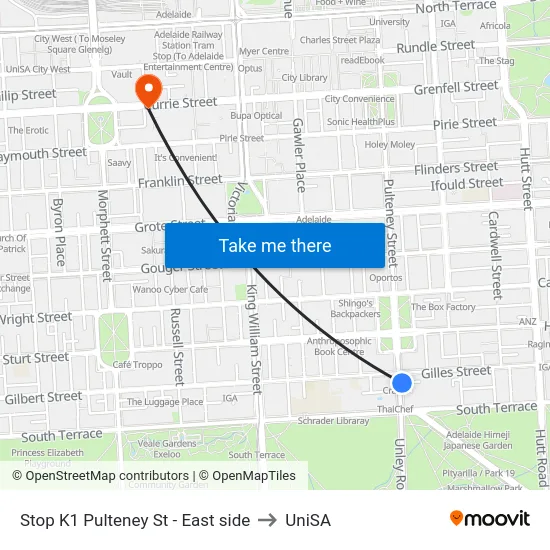 Stop K1 Pulteney St - East side to UniSA map