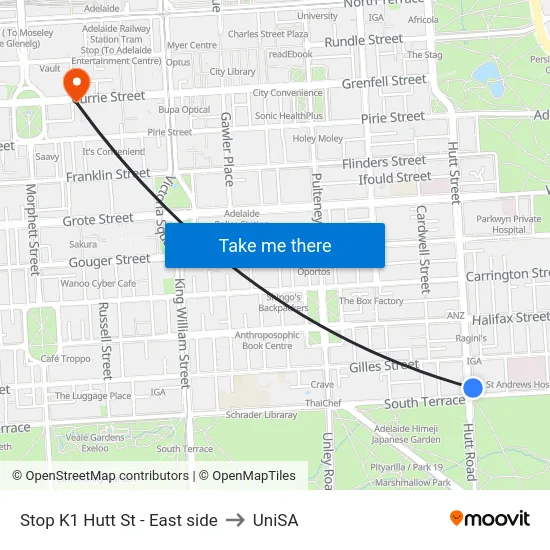 Stop K1 Hutt St - East side to UniSA map