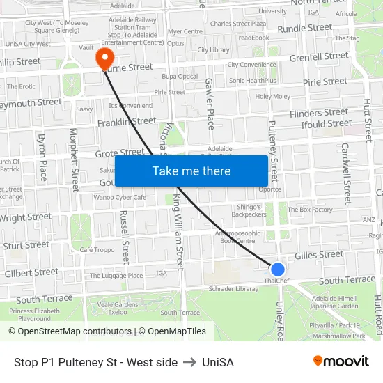 Stop P1 Pulteney St - West side to UniSA map
