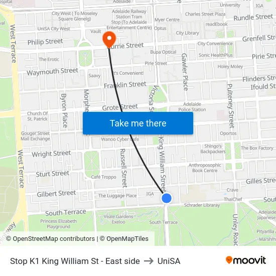 Stop K1 King William St - East side to UniSA map