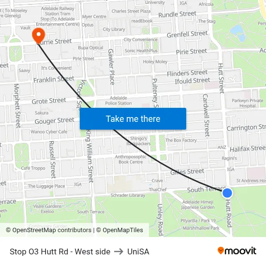 Stop O3 Hutt Rd - West side to UniSA map