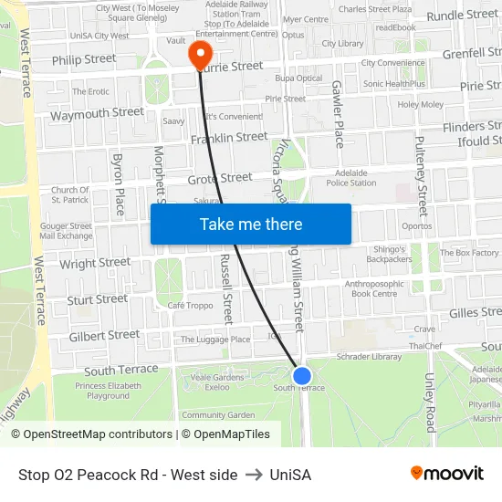 Stop O2 Peacock Rd - West side to UniSA map