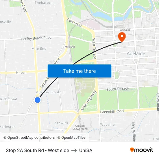 Stop 2A South Rd - West side to UniSA map