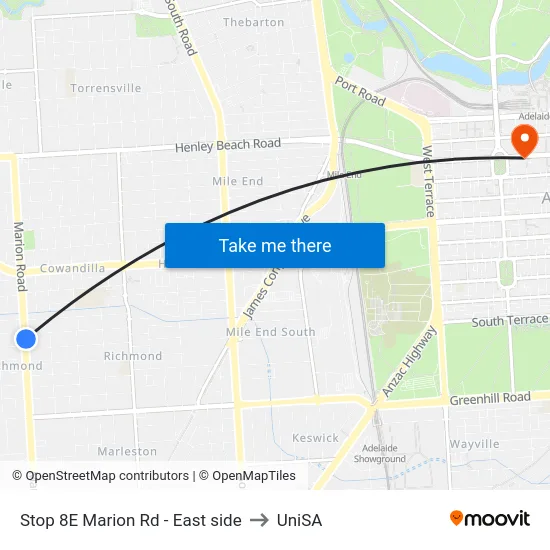 Stop 8E Marion Rd - East side to UniSA map
