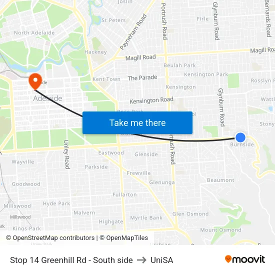 Stop 14 Greenhill Rd - South side to UniSA map