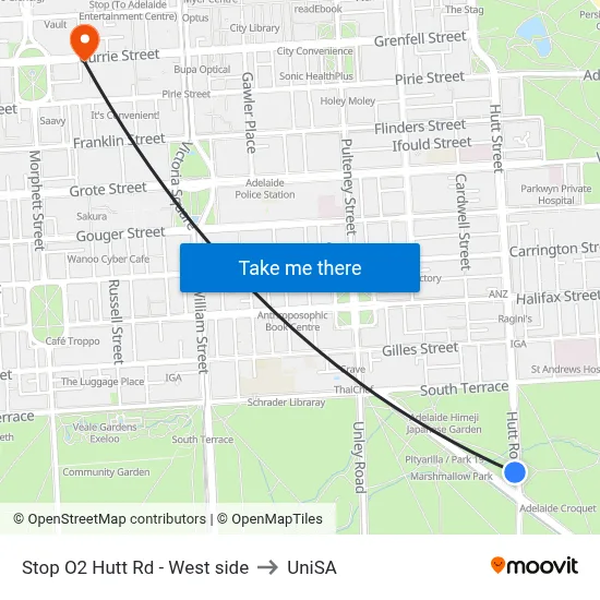 Stop O2 Hutt Rd - West side to UniSA map