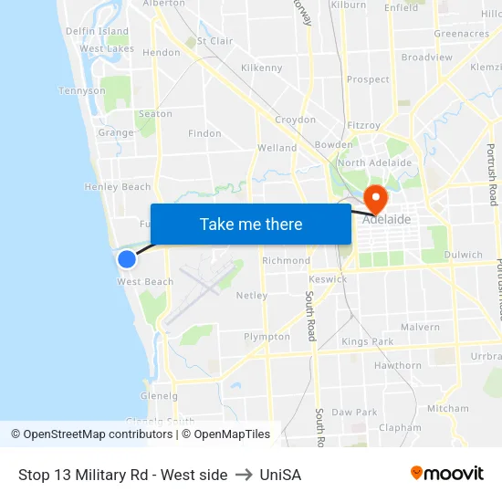 Stop 13 Military Rd - West side to UniSA map