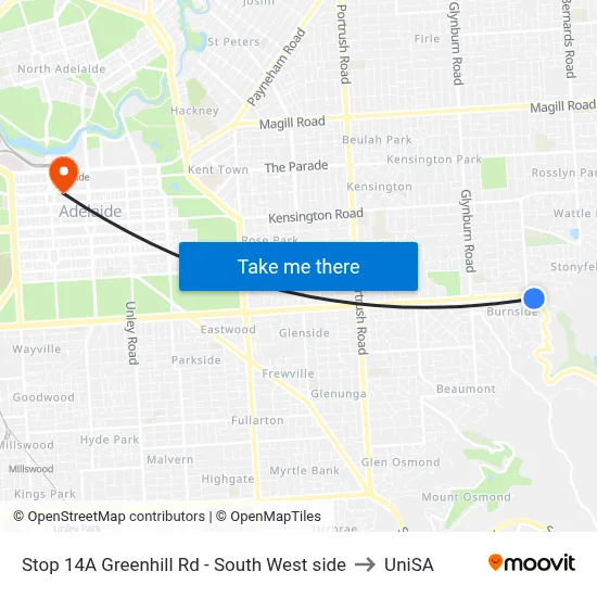 Stop 14A Greenhill Rd - South West side to UniSA map