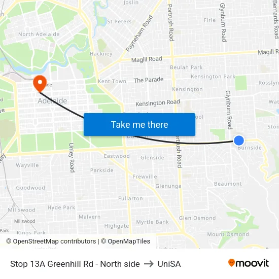 Stop 13A Greenhill Rd - North side to UniSA map