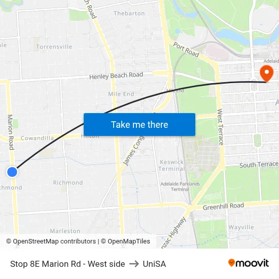 Stop 8E Marion Rd - West side to UniSA map