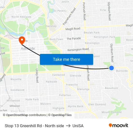 Stop 13 Greenhill Rd - North side to UniSA map