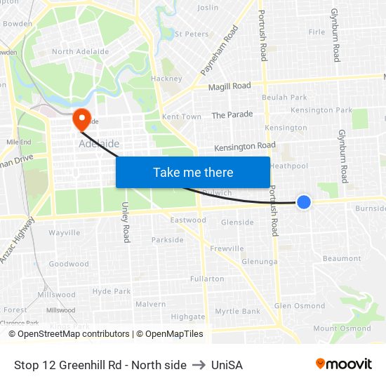 Stop 12 Greenhill Rd - North side to UniSA map