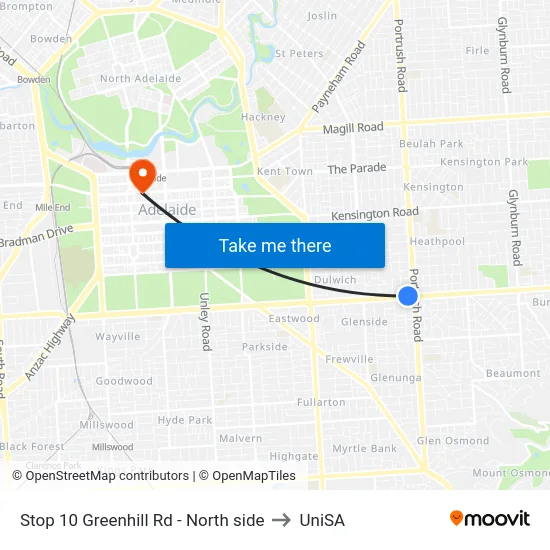 Stop 10 Greenhill Rd - North side to UniSA map