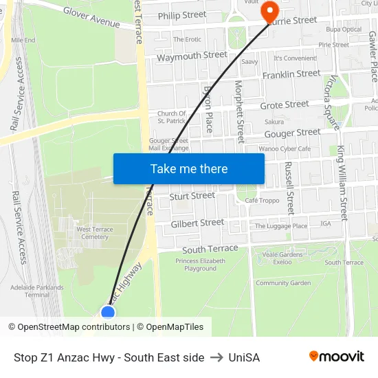 Stop Z1 Anzac Hwy - South East side to UniSA map