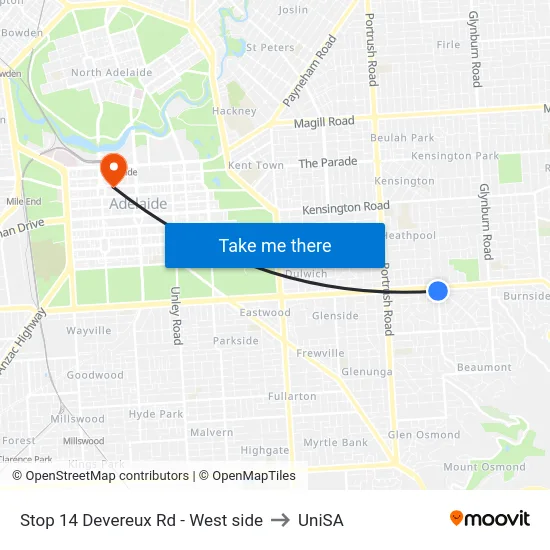 Stop 14 Devereux Rd - West side to UniSA map
