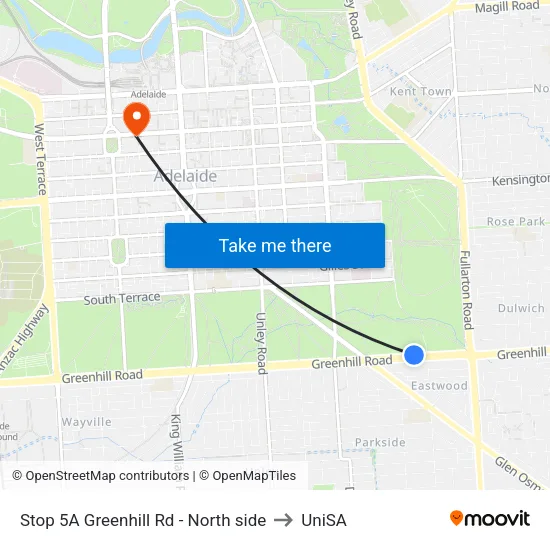 Stop 5A Greenhill Rd - North side to UniSA map