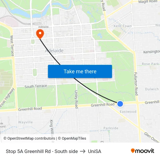 Stop 5A Greenhill Rd - South side to UniSA map