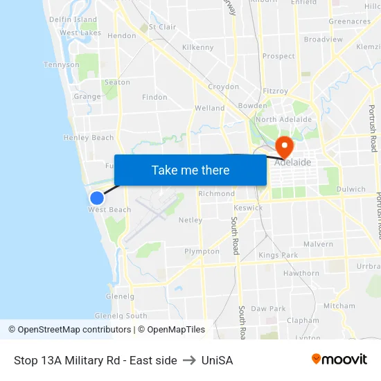 Stop 13A Military Rd - East side to UniSA map
