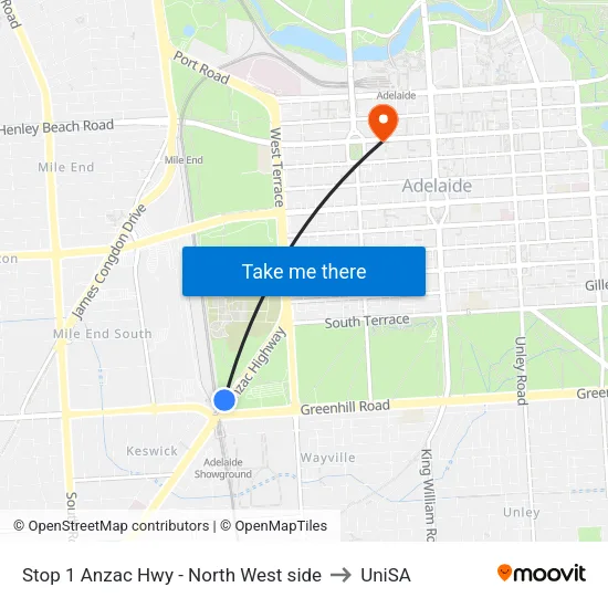 Stop 1 Anzac Hwy - North West side to UniSA map