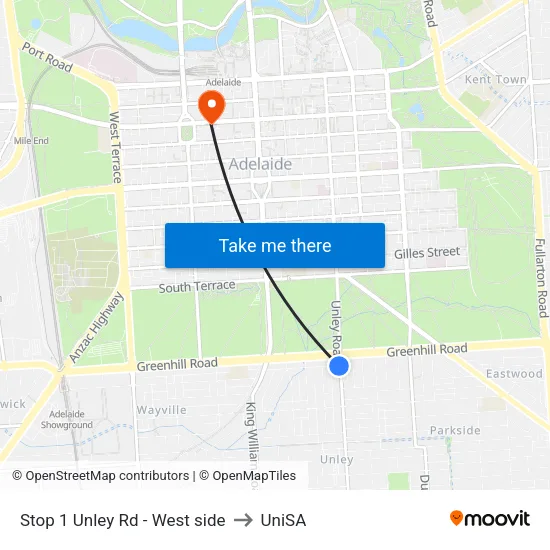 Stop 1 Unley Rd - West side to UniSA map