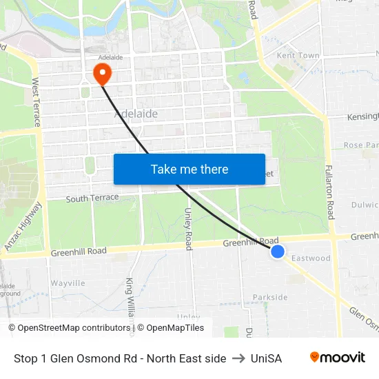 Stop 1 Glen Osmond Rd - North East side to UniSA map