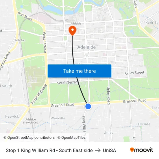 Stop 1 King William Rd - South East side to UniSA map