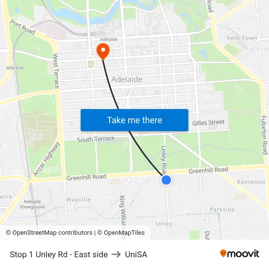 Stop 1 Unley Rd - East side to UniSA map