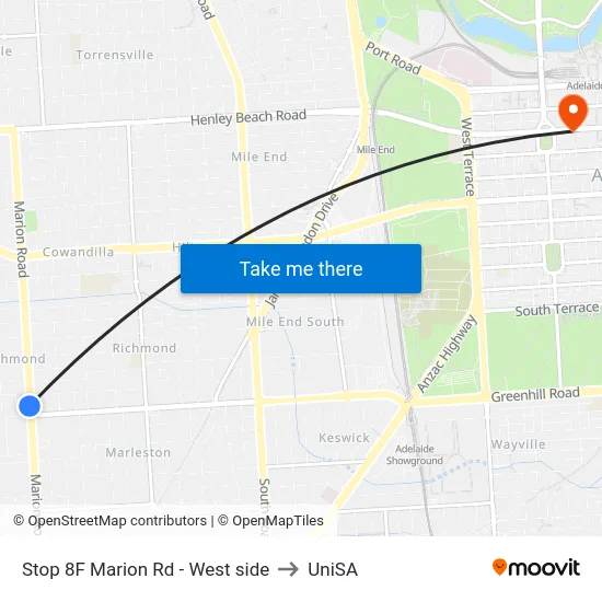 Stop 8F Marion Rd - West side to UniSA map