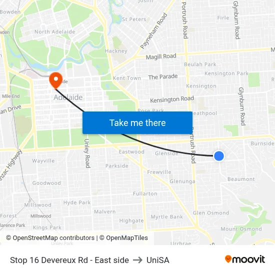 Stop 16 Devereux Rd - East side to UniSA map