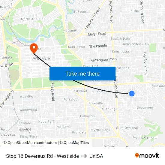Stop 16 Devereux Rd - West side to UniSA map