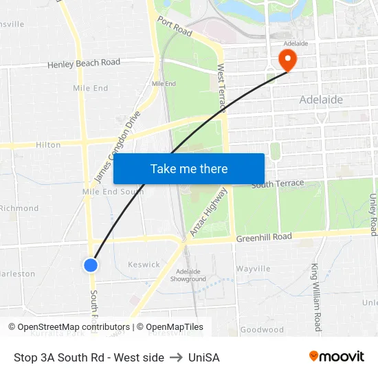 Stop 3A South Rd - West side to UniSA map