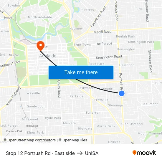 Stop 12 Portrush Rd - East side to UniSA map