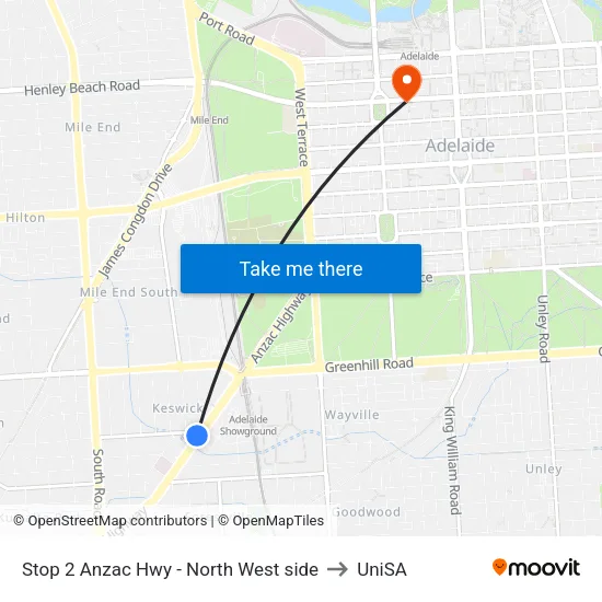 Stop 2 Anzac Hwy - North West side to UniSA map