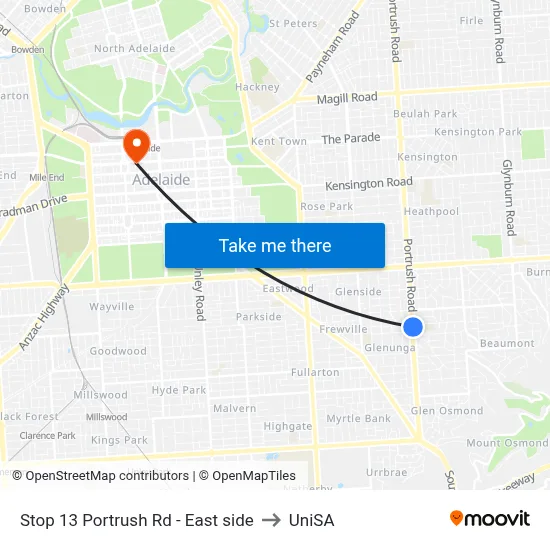 Stop 13 Portrush Rd - East side to UniSA map