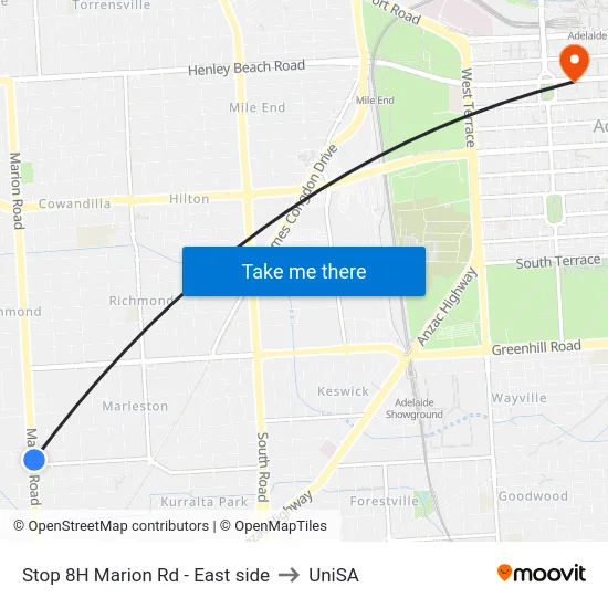 Stop 8H Marion Rd - East side to UniSA map