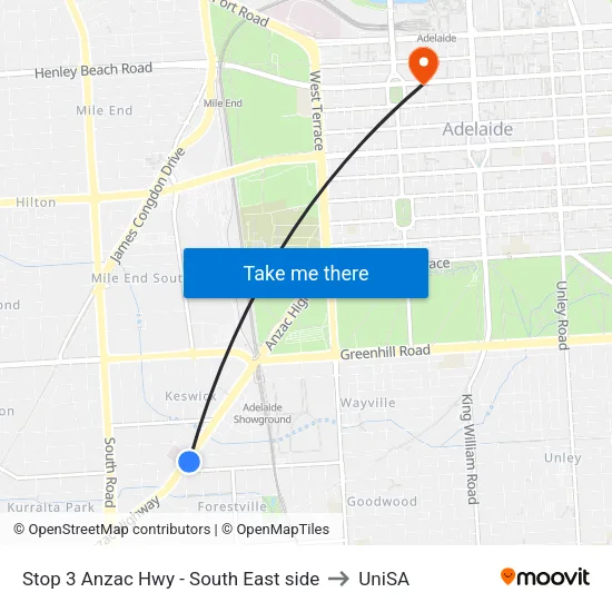 Stop 3 Anzac Hwy - South East side to UniSA map