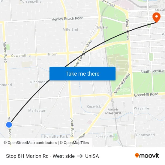Stop 8H Marion Rd - West side to UniSA map