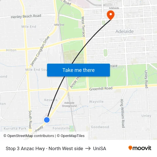 Stop 3 Anzac Hwy - North West side to UniSA map