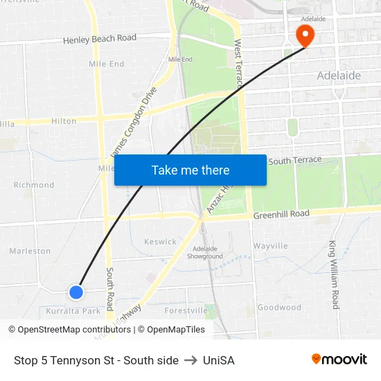 Stop 5 Tennyson St - South side to UniSA map