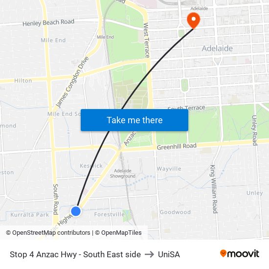 Stop 4 Anzac Hwy - South East side to UniSA map
