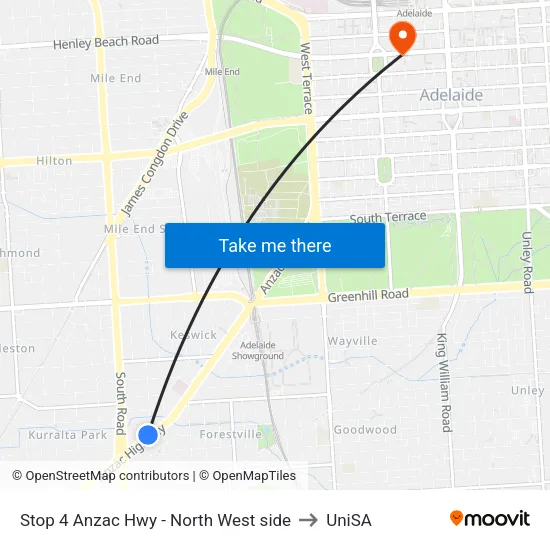 Stop 4 Anzac Hwy - North West side to UniSA map