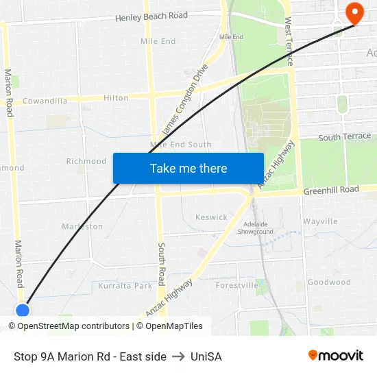Stop 9A Marion Rd - East side to UniSA map