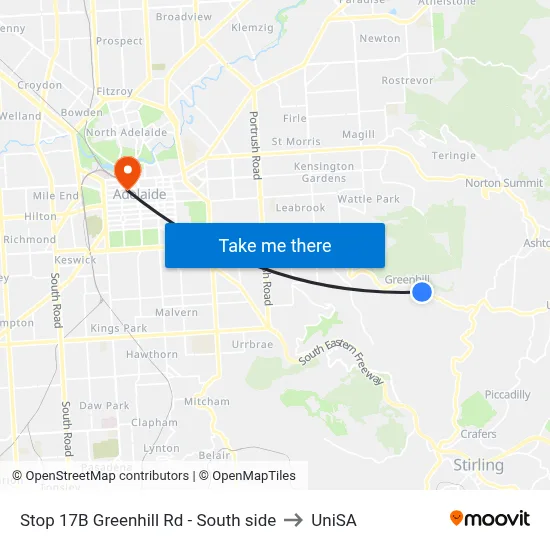 Stop 17B Greenhill Rd - South side to UniSA map