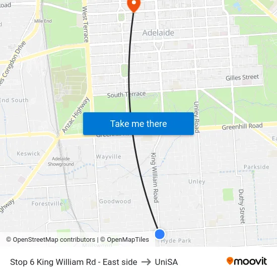 Stop 6 King William Rd - East side to UniSA map