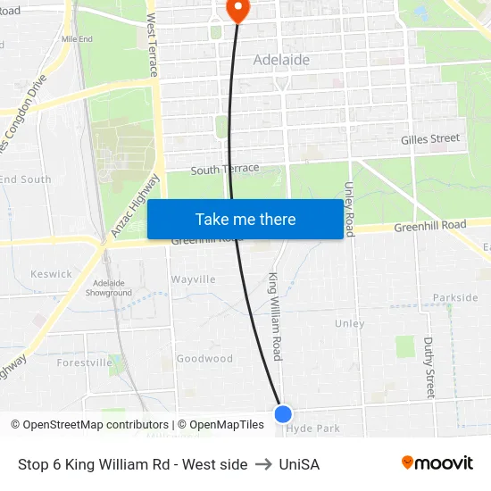 Stop 6 King William Rd - West side to UniSA map